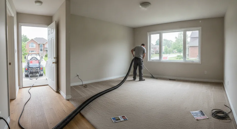 A carpet cleaning technician extracting a bedroom carpet in an empty student rental house near the University of Waterloo, with the hose running in through the front door
